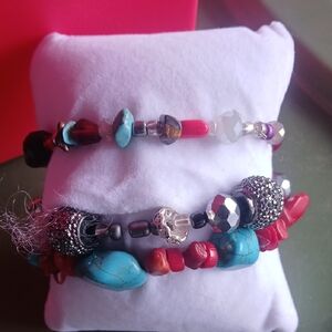 Elegant Beaded Bracelet Set - Red, Turquoise, Silver